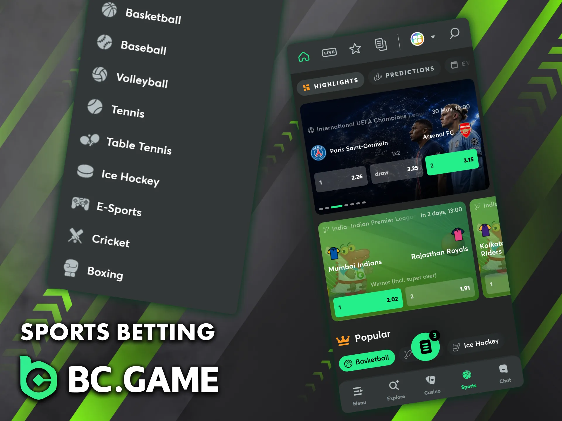 All sports betting markets are available on the BC Game mobile app.