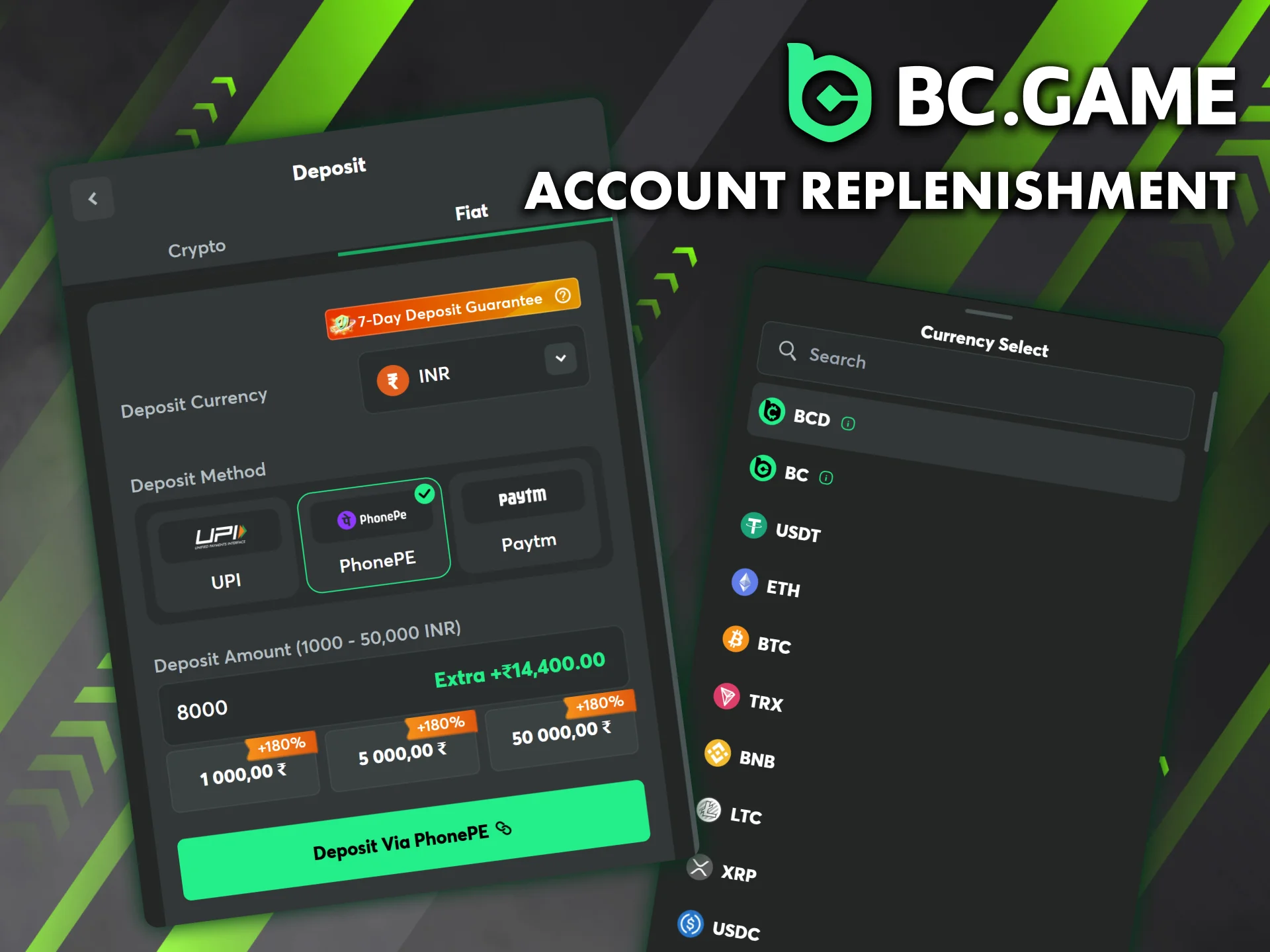 Deposit funds into your BC Game account easily with Crypto or Fiat options.