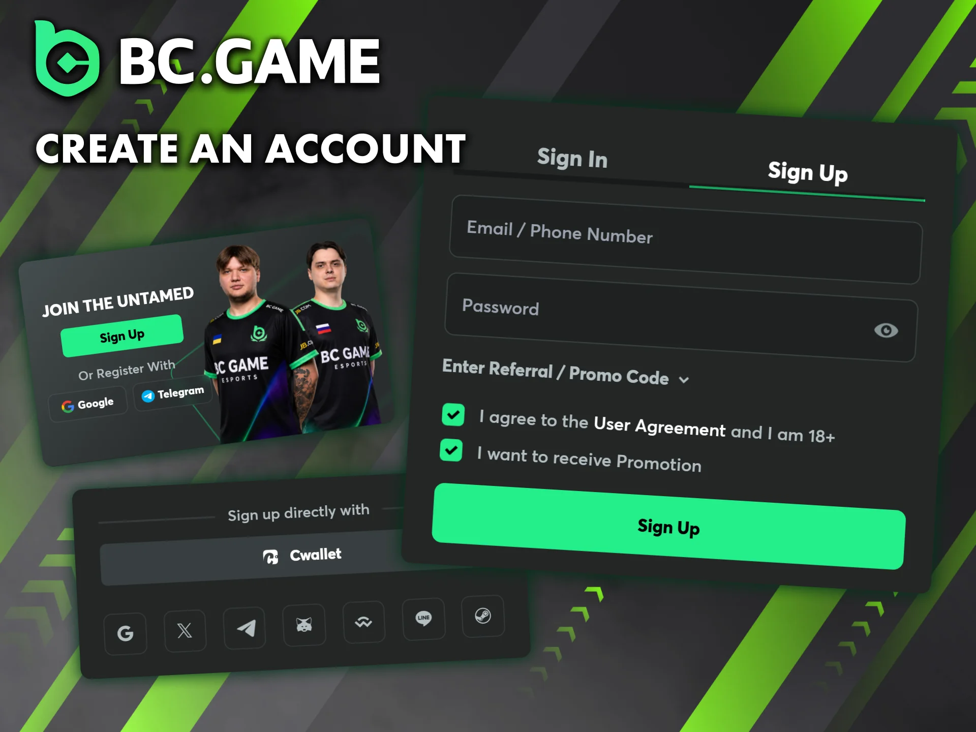 Create your BC Game account by signing up with email, phone, or social networks today.