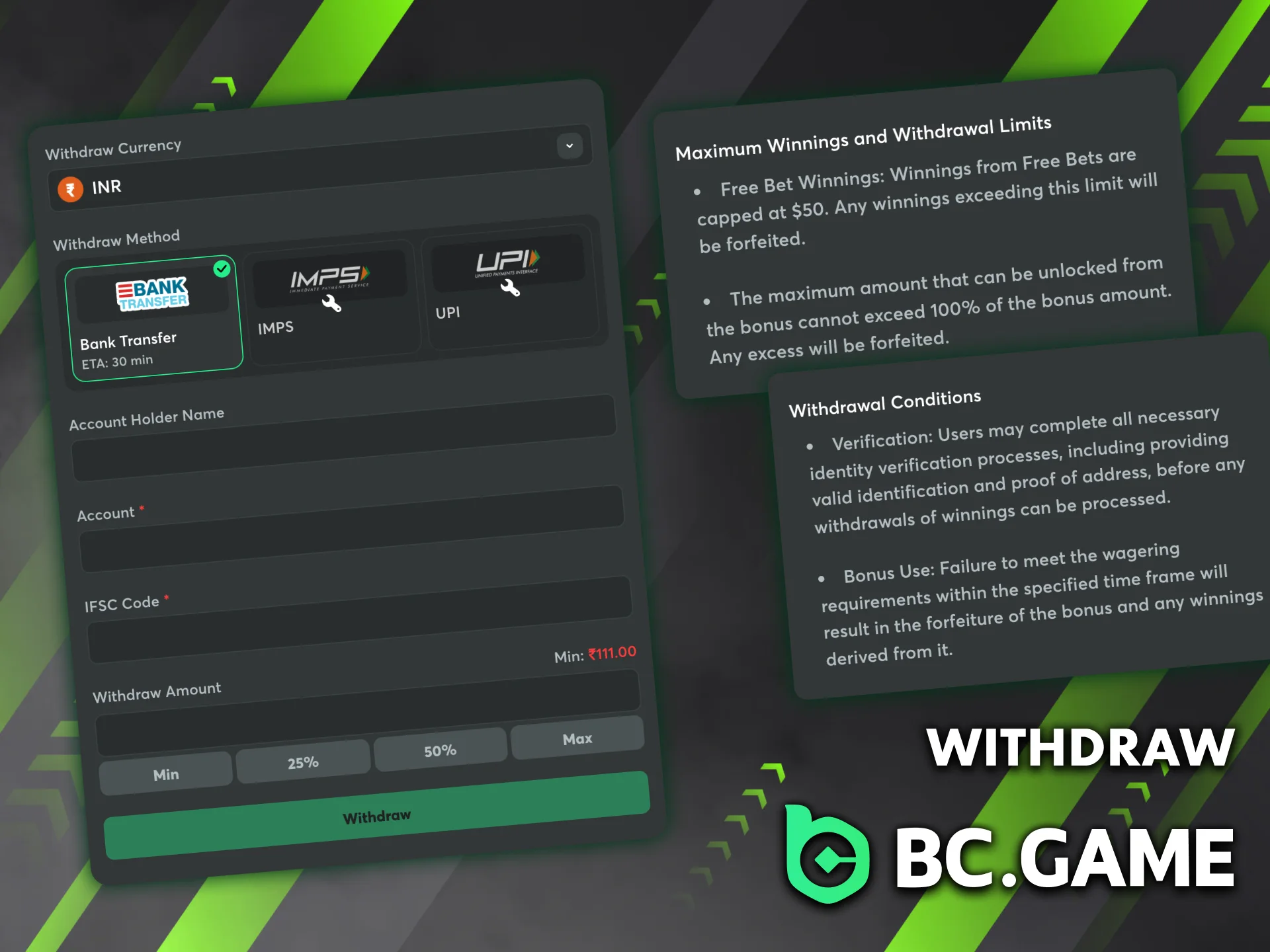 Win with BC Game bonuses and withdraw using any method.