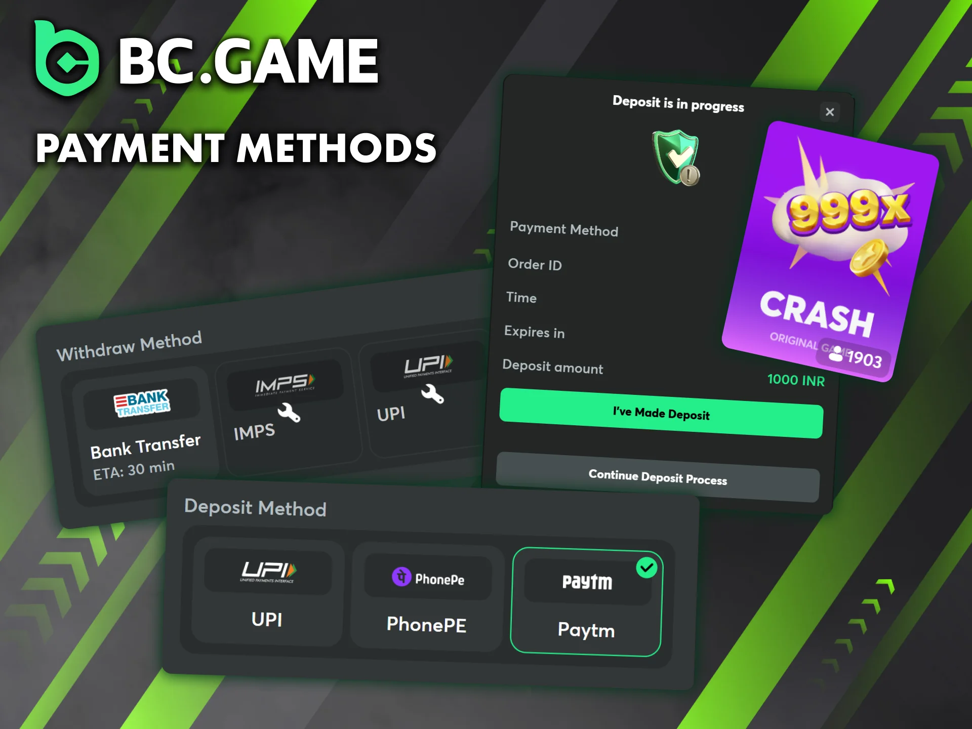 BC Game offers a wide range of payment methods.