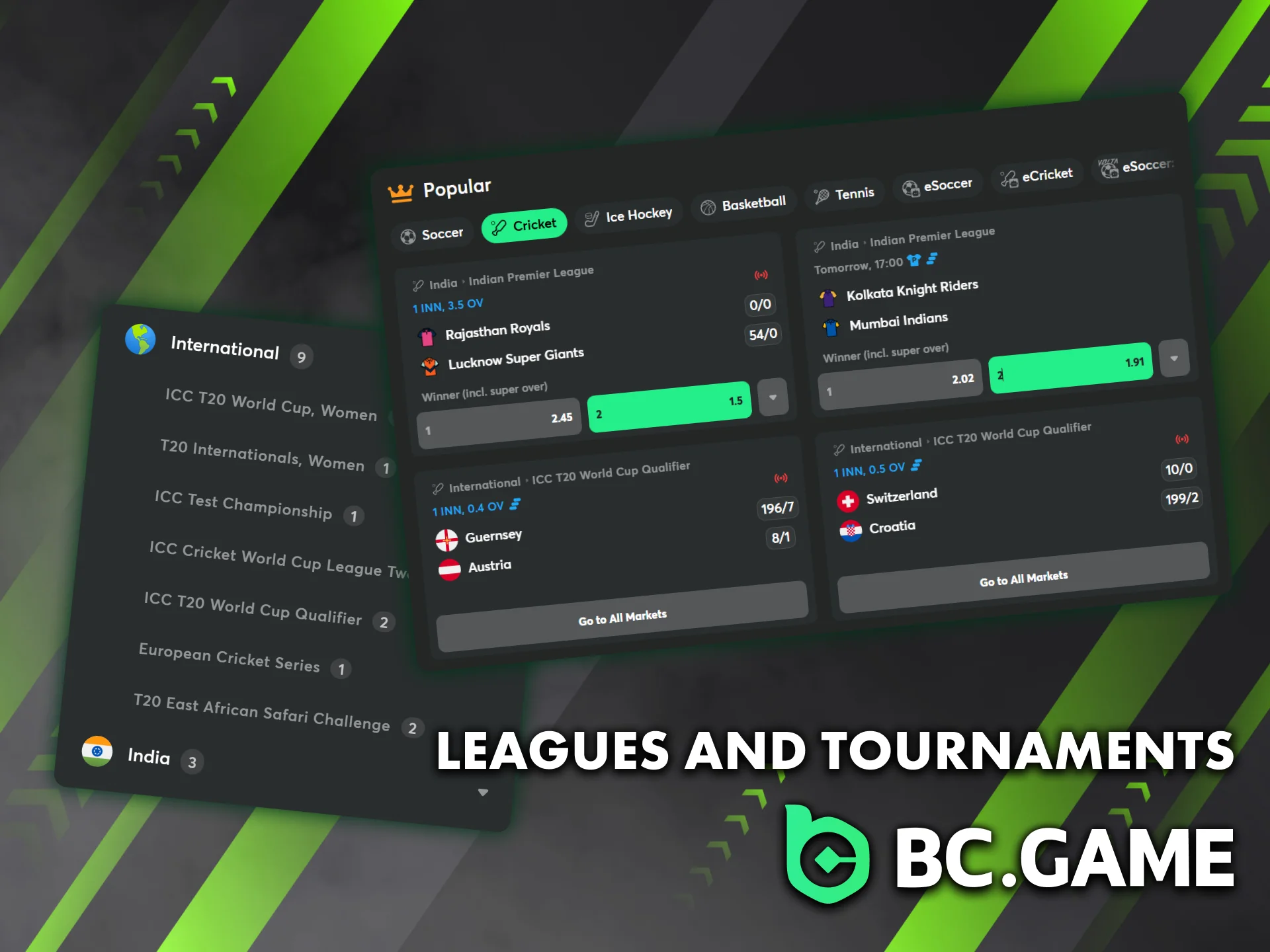 BC Game offers cricket betting on top leagues like IPL, T20 World Cup, and Big Bash League.