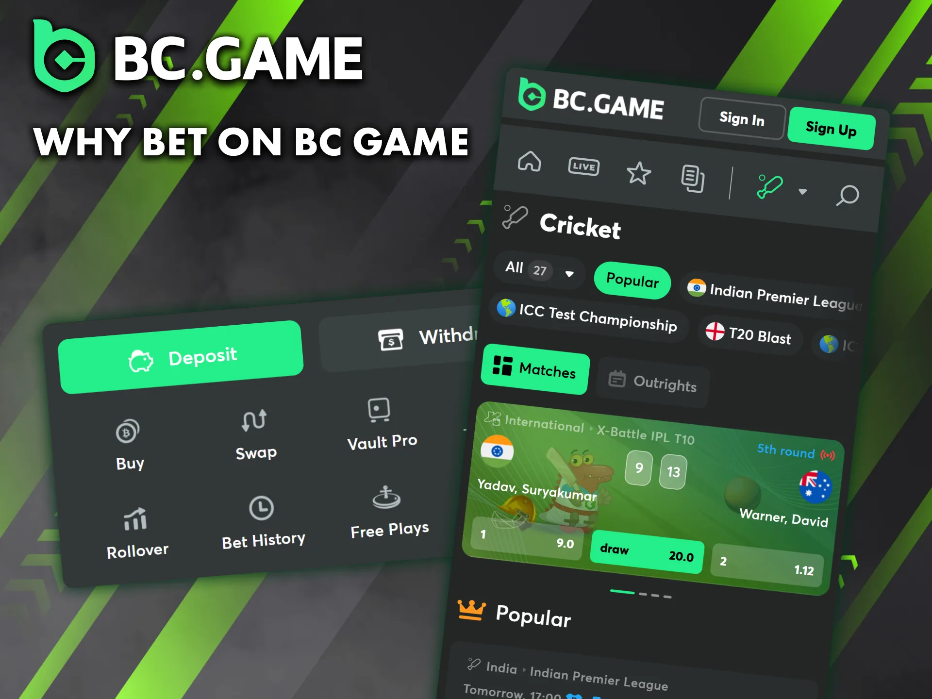BC Game offers cricket enthusiasts live betting, multiple markets, and over 20 exciting tournaments.
