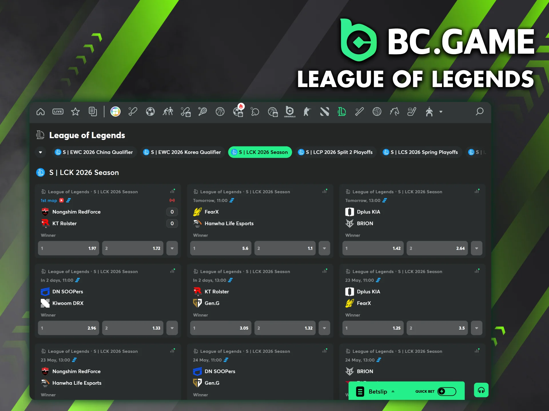League of Legends is available for betting at BC Game.
