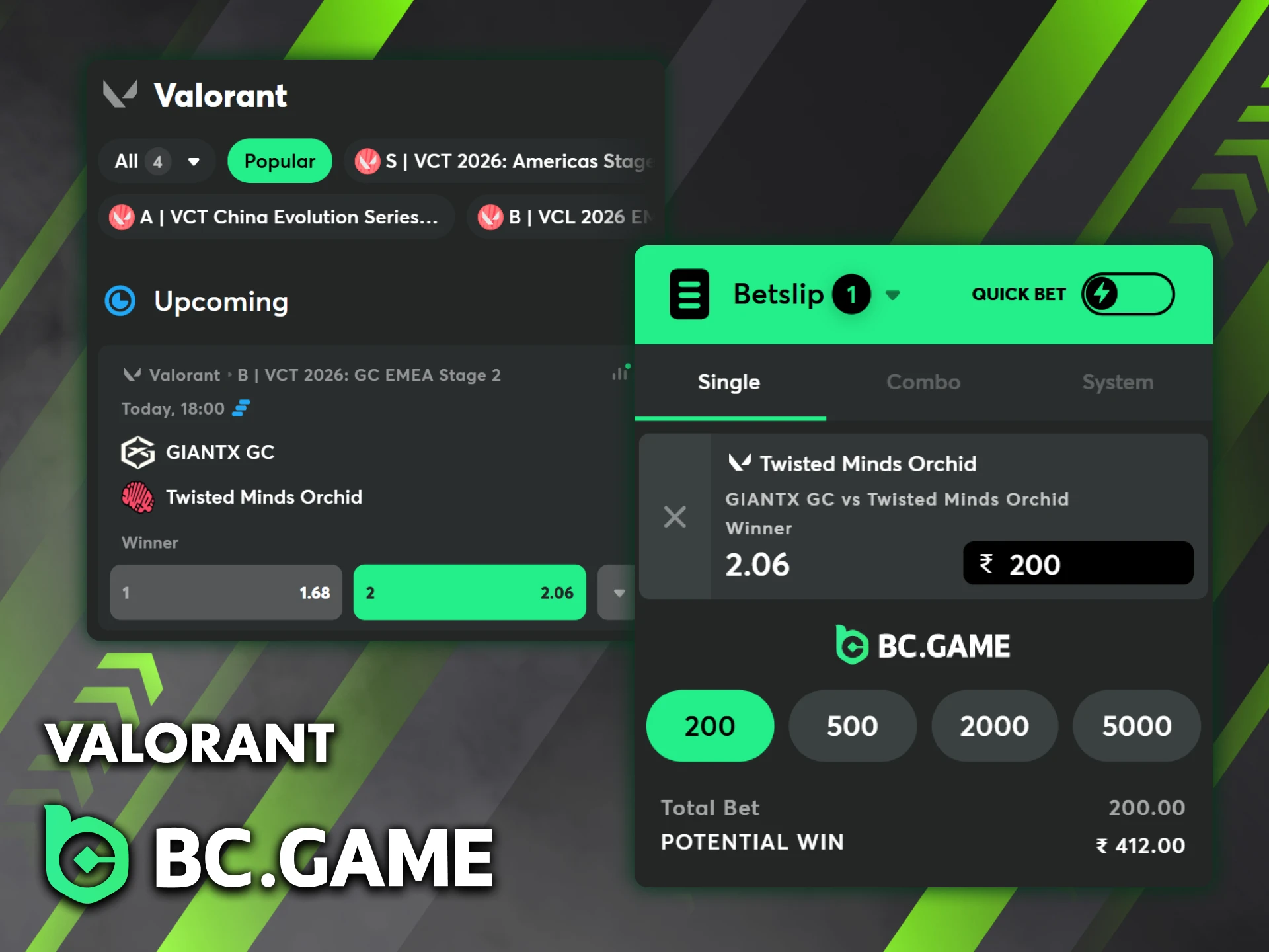 You can place a bet on Valorant on the BC Game website.
