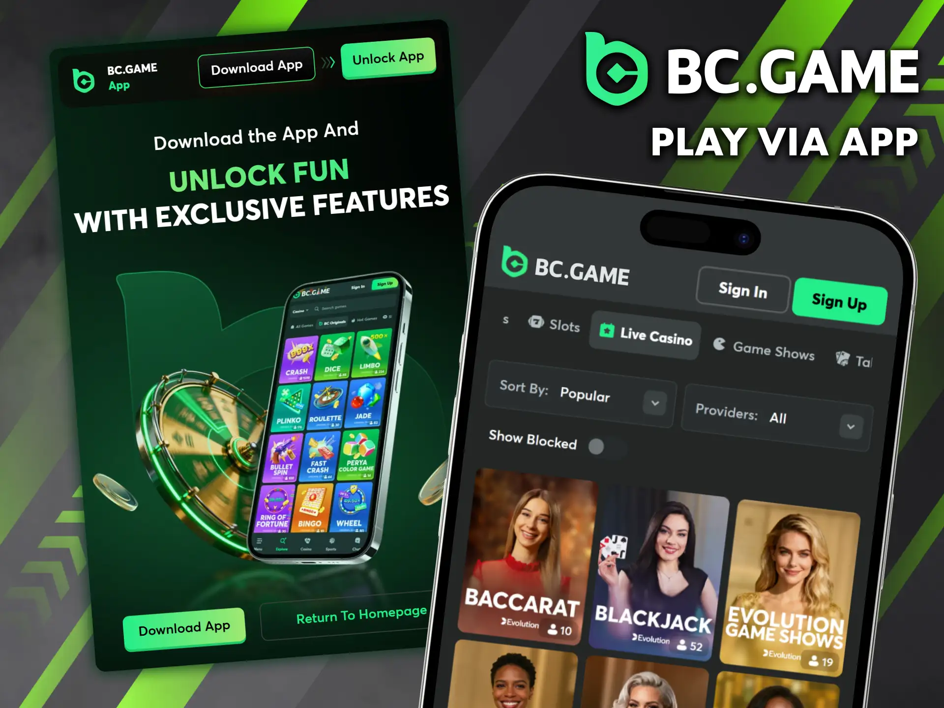 Download the BC Game app for seamless live casino gaming.