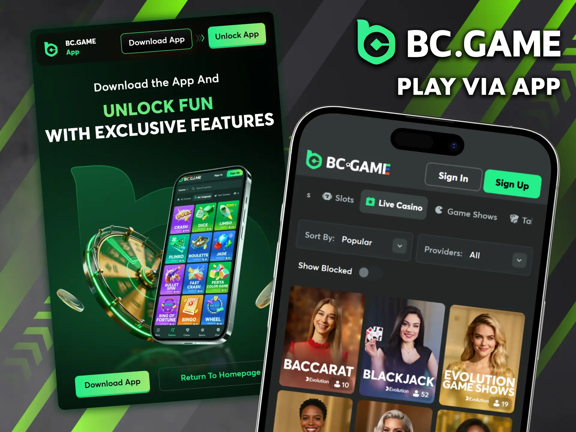 Download the BC Game app for seamless live casino gaming.