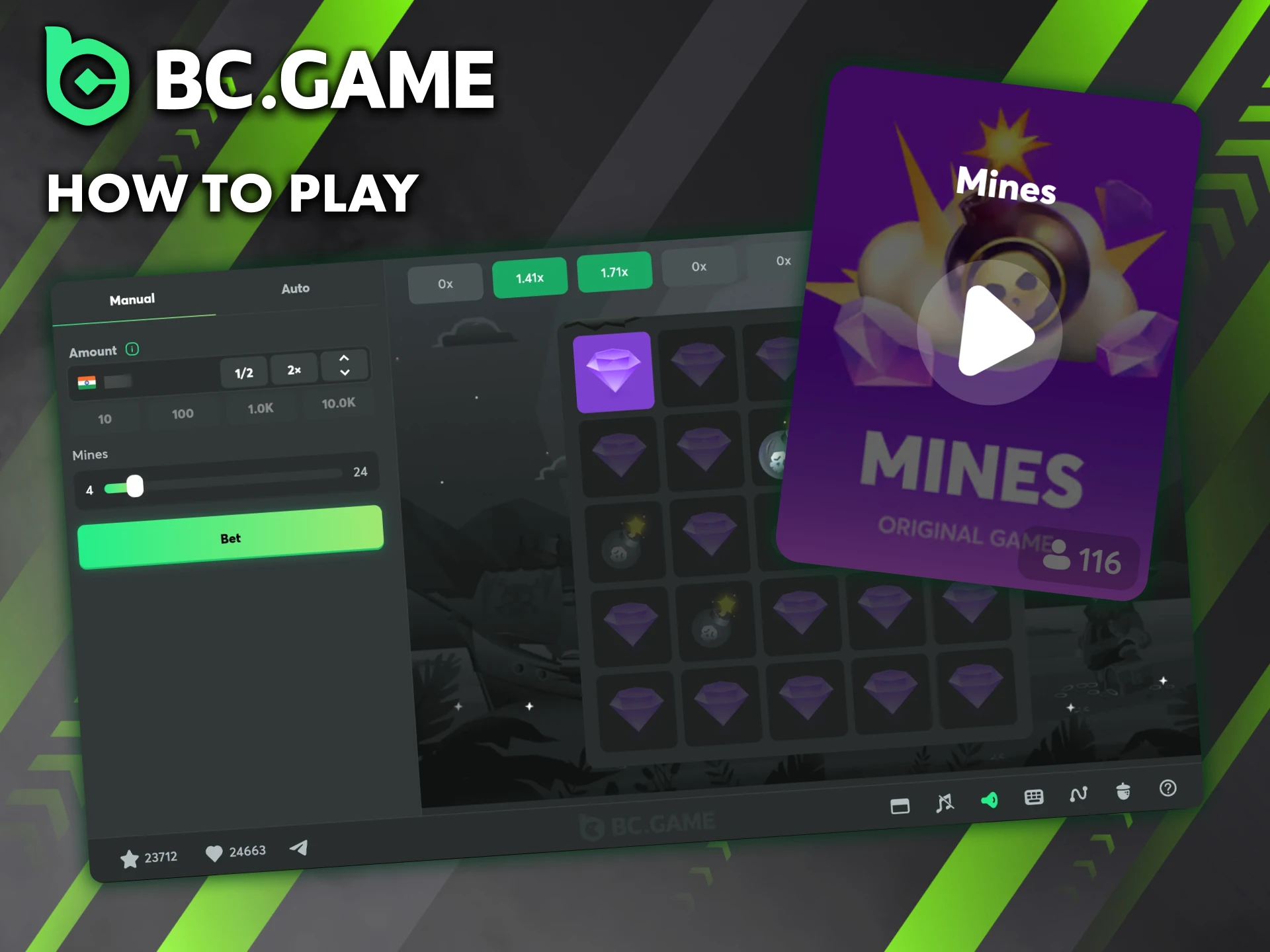 Check out the instructions to learn how to play Mines on BC Game.
