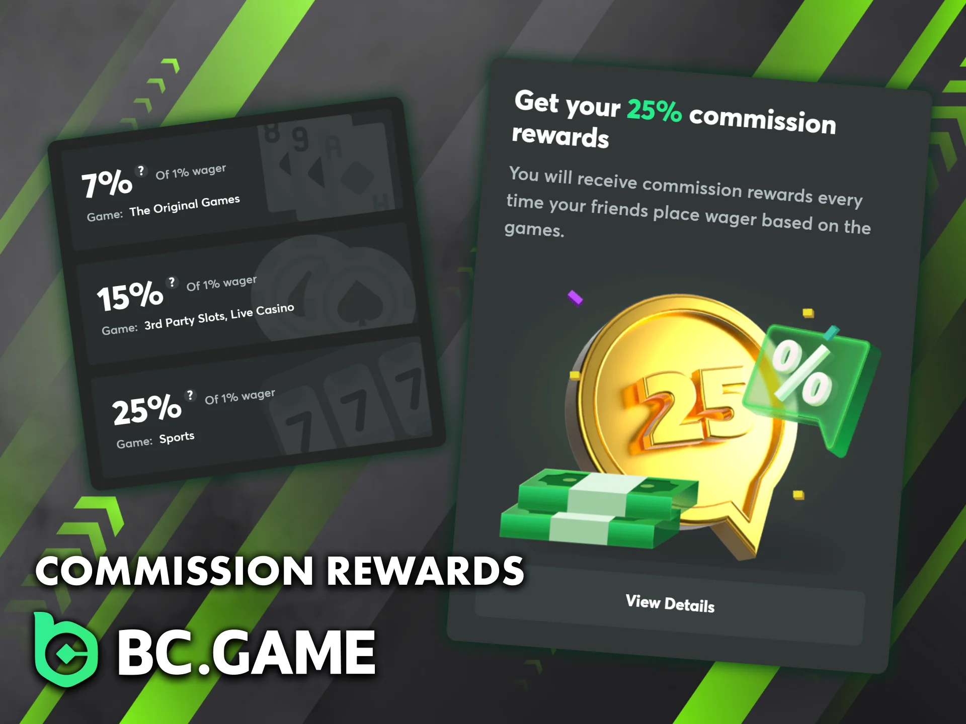 BC Game's referral program includes commissions on every bet placed by your referrals.