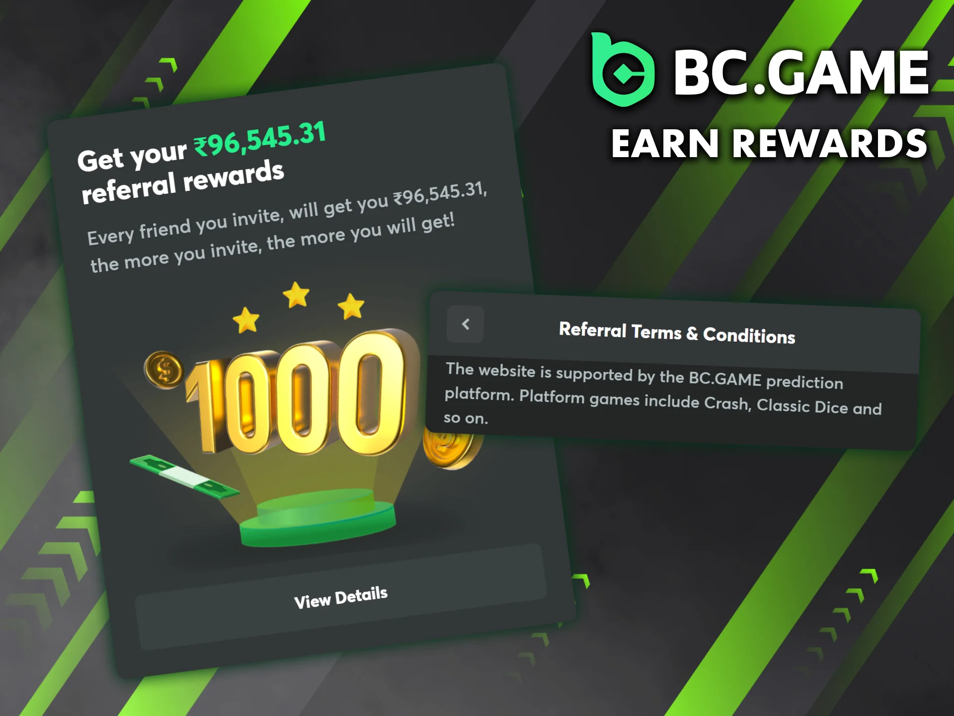 BC Game referral rewards are paid incrementally as your referrals level up.
