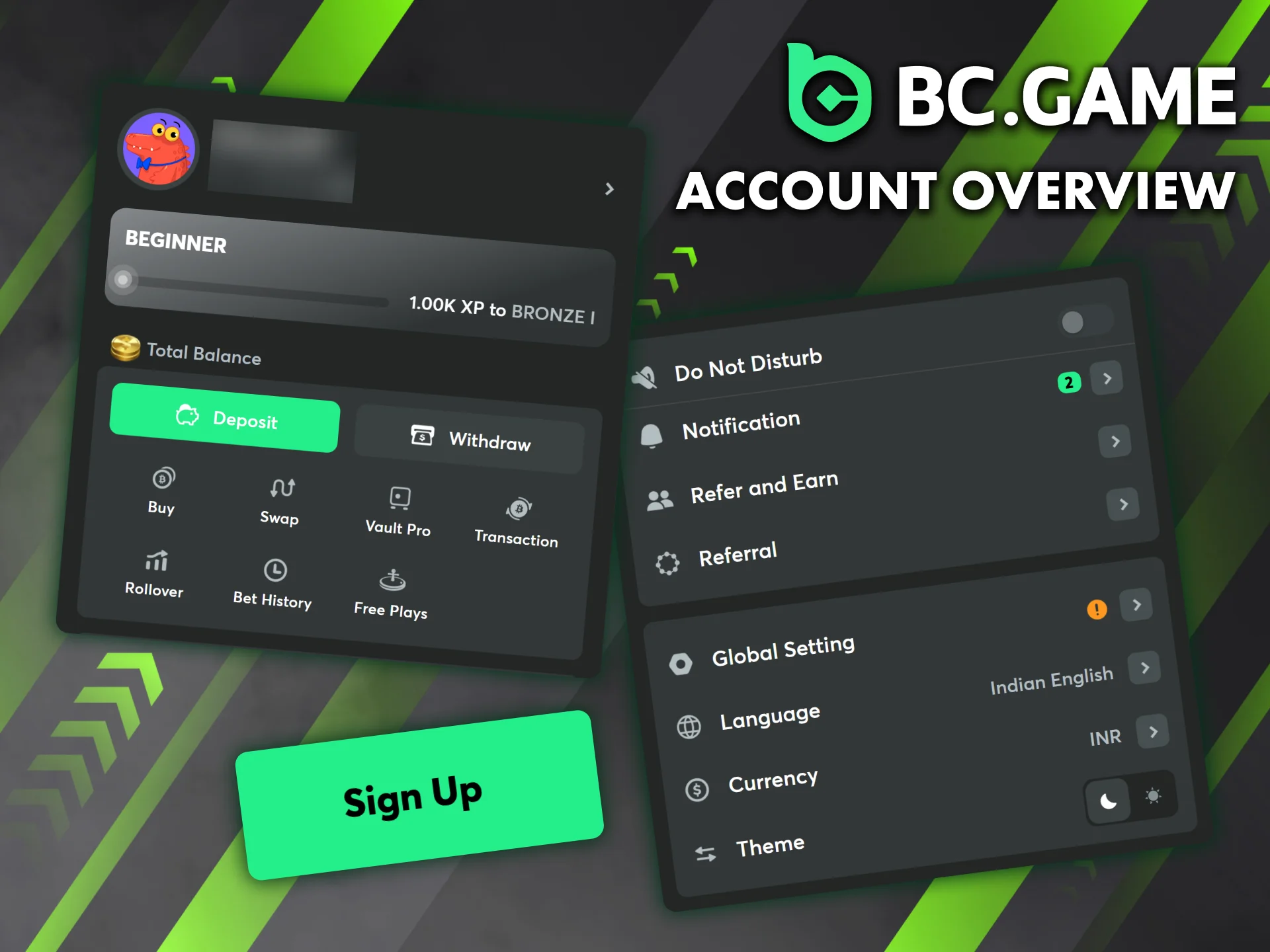 With individual sections, you can quickly navigate your BC Game account.