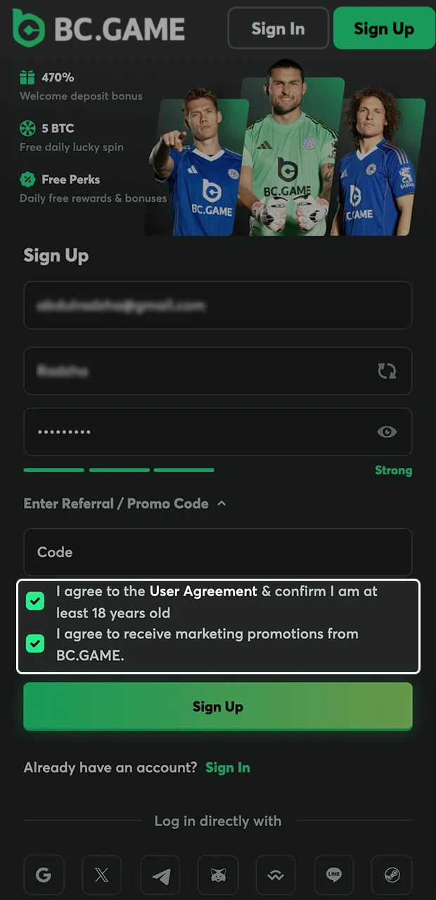 Confirm your agreement to BC Game's terms and conditions and your age.