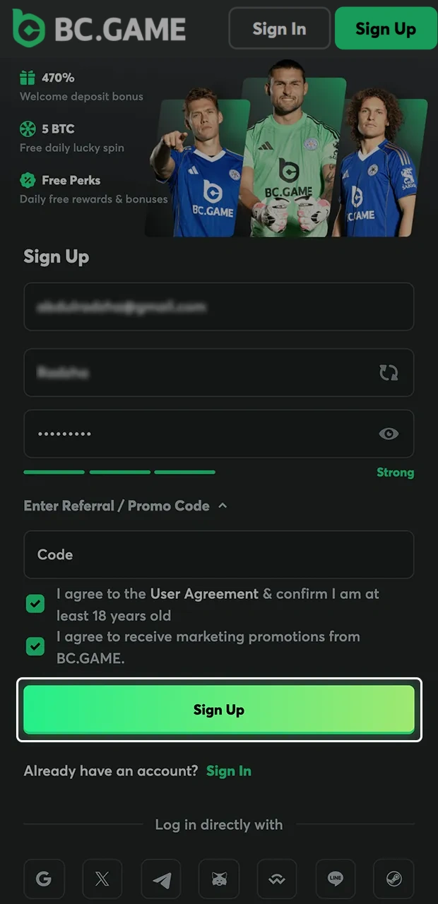 Finish creating your BC Game account.