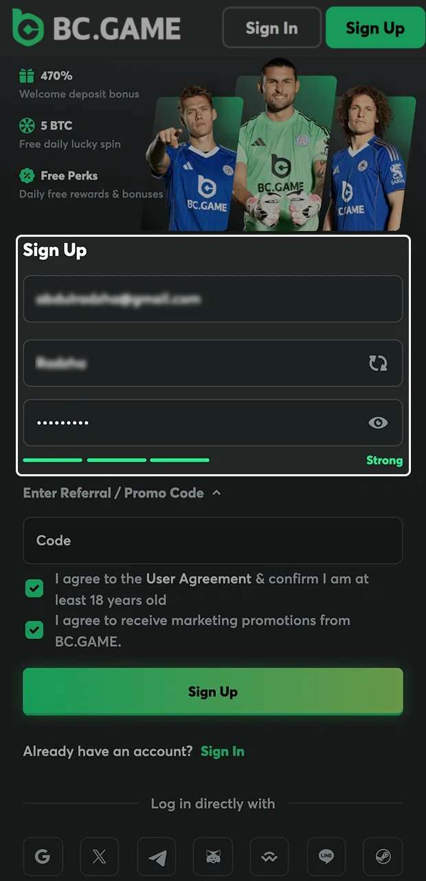 Fill in the fields required to register for the BC Game.