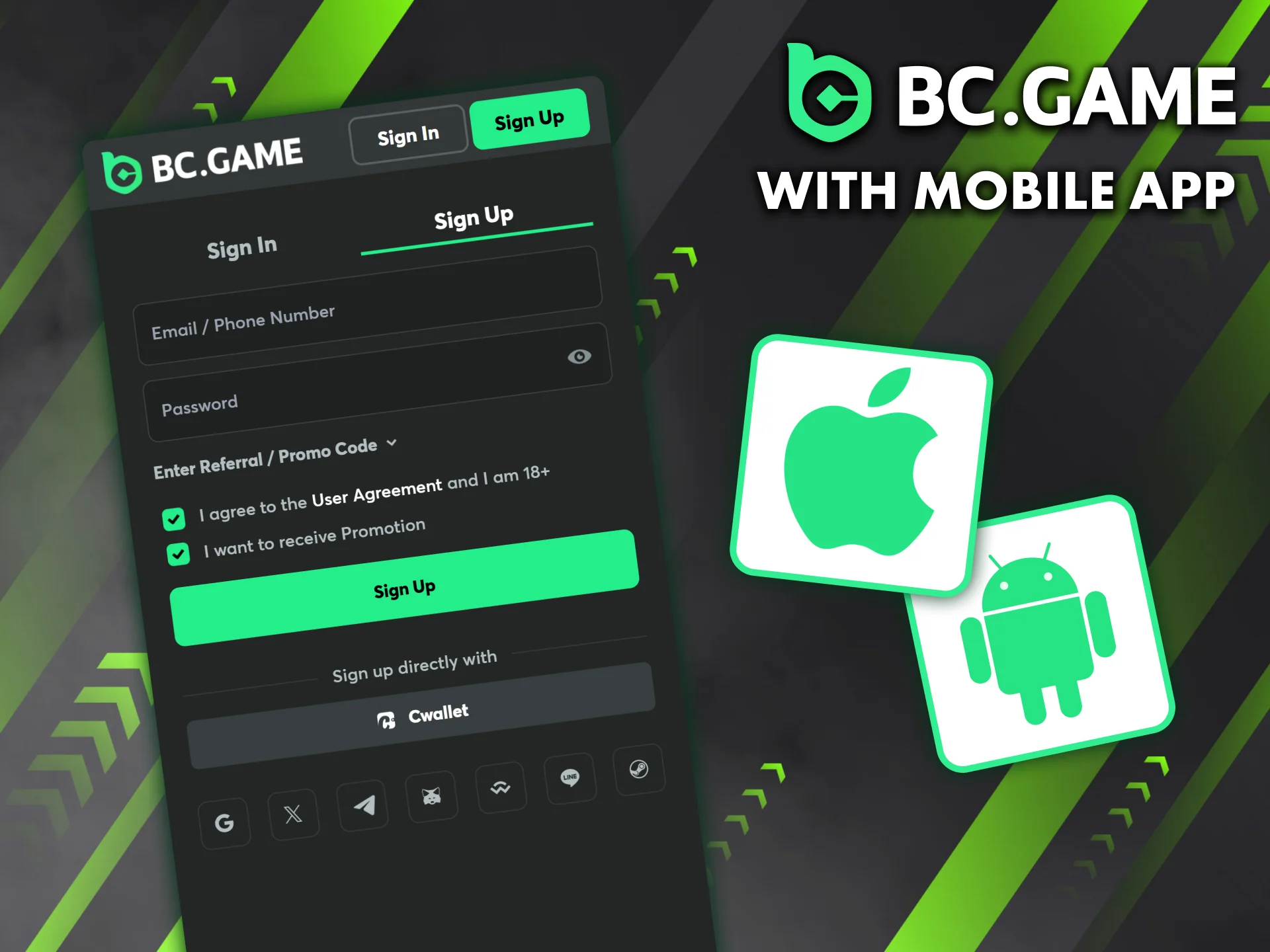 You can also sign up for BC Game using the mobile app.