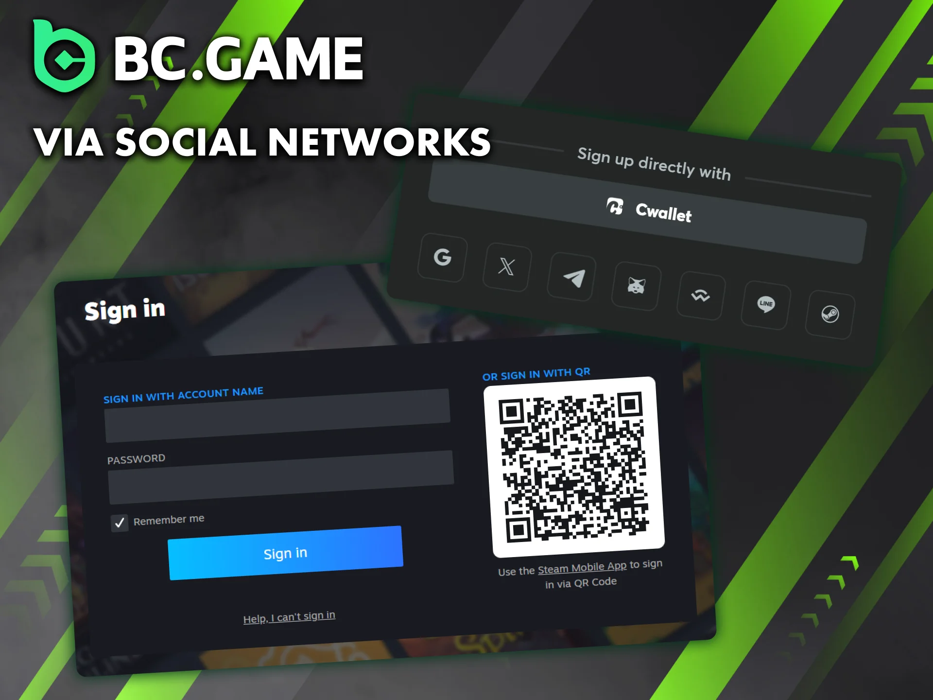 An alternative way to sign up for BC Game is to log in via social media.