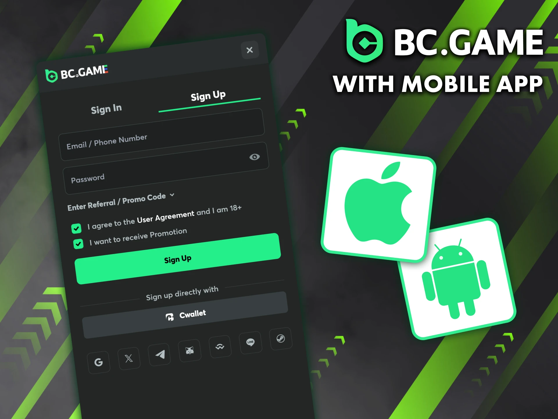 You can also sign up for BC Game using the mobile app.