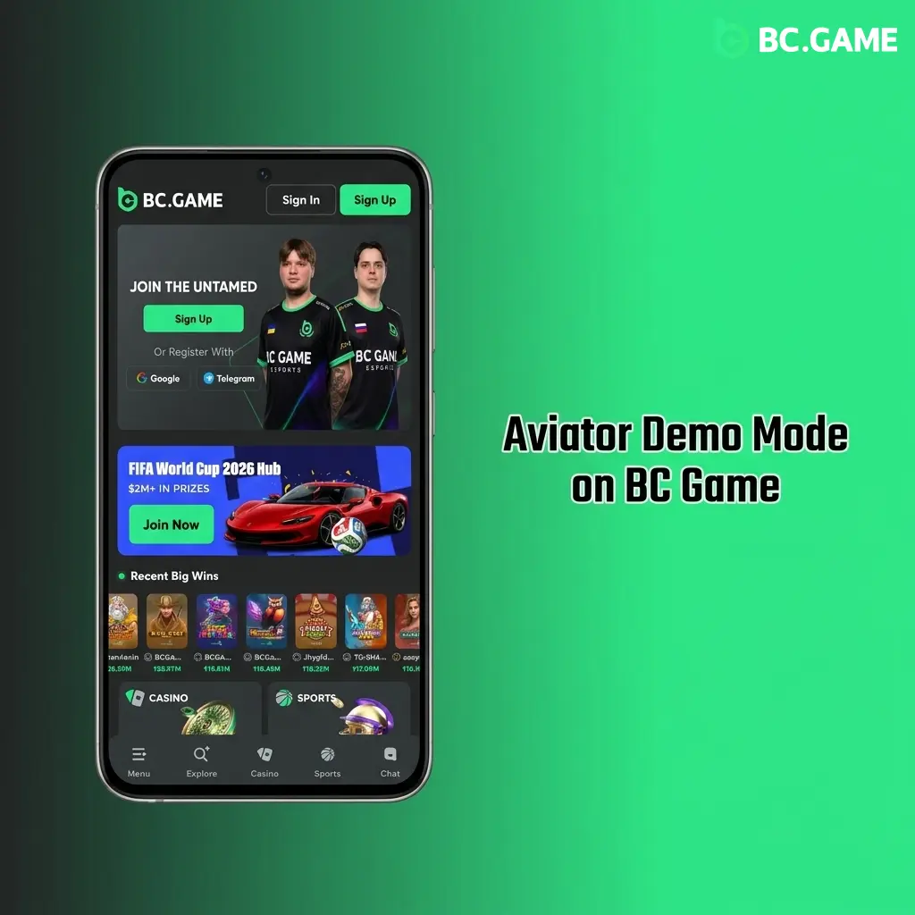 Aviator demo mode interface on BC Game showing virtual credits gameplay with auto bet and cash out features