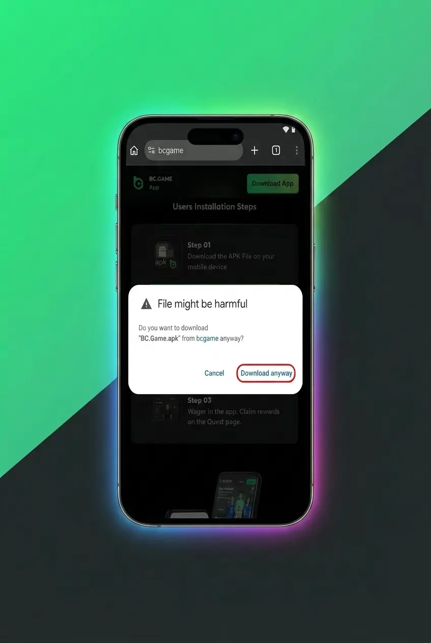 BC Game APK download for Android 4-step installation guide showing settings, permissions, and install process