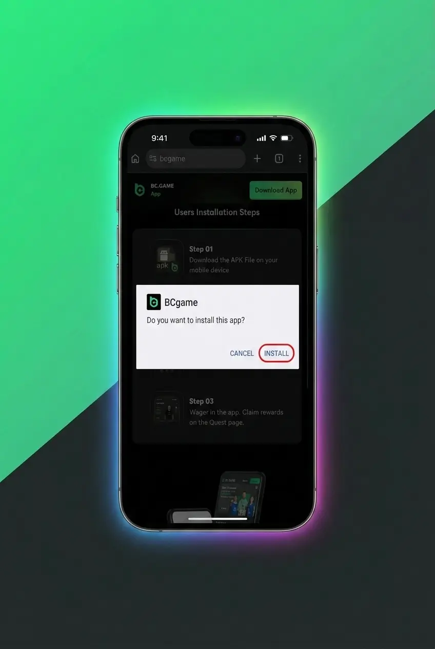 BC Game APK download for Android 4-step installation guide showing settings, permissions, and install process
