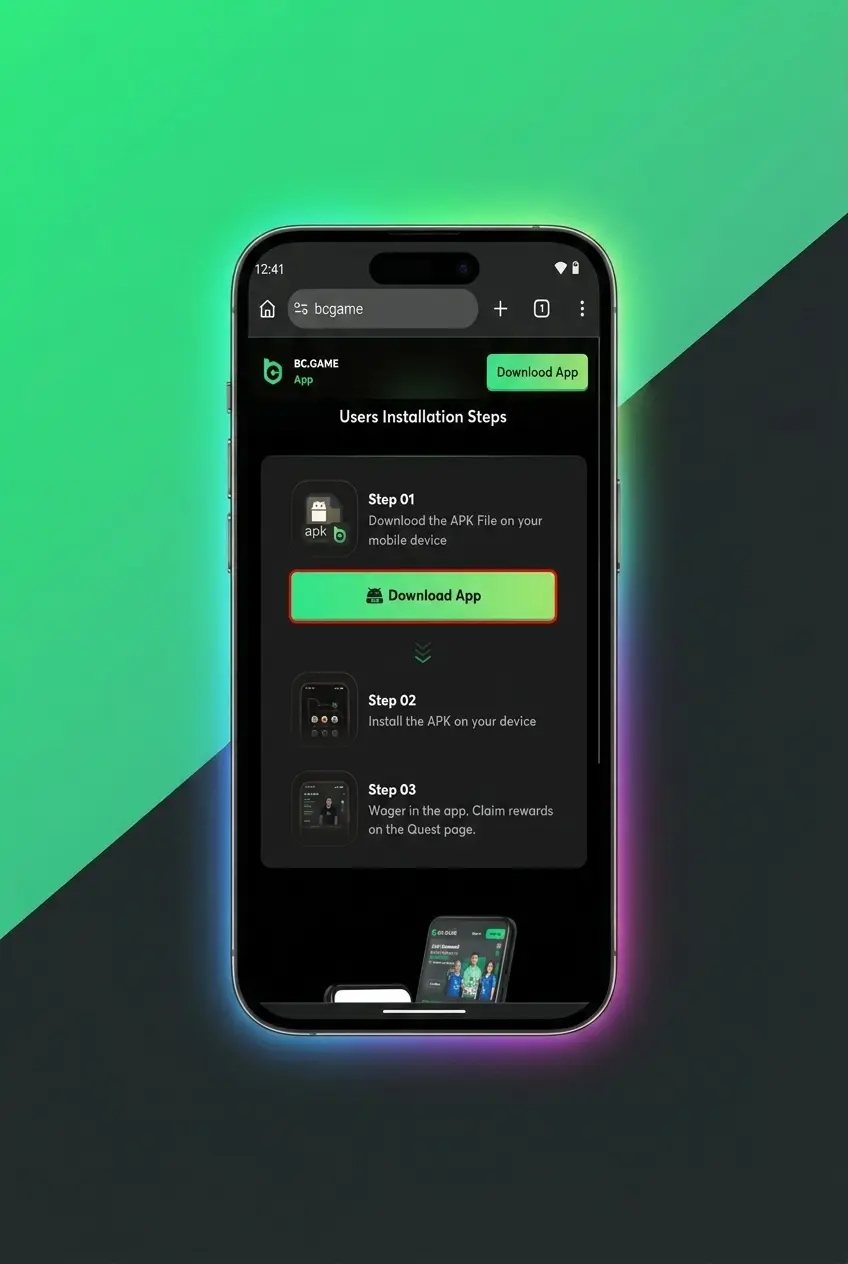 BC Game APK download for Android 4-step installation guide showing settings and file manager screens