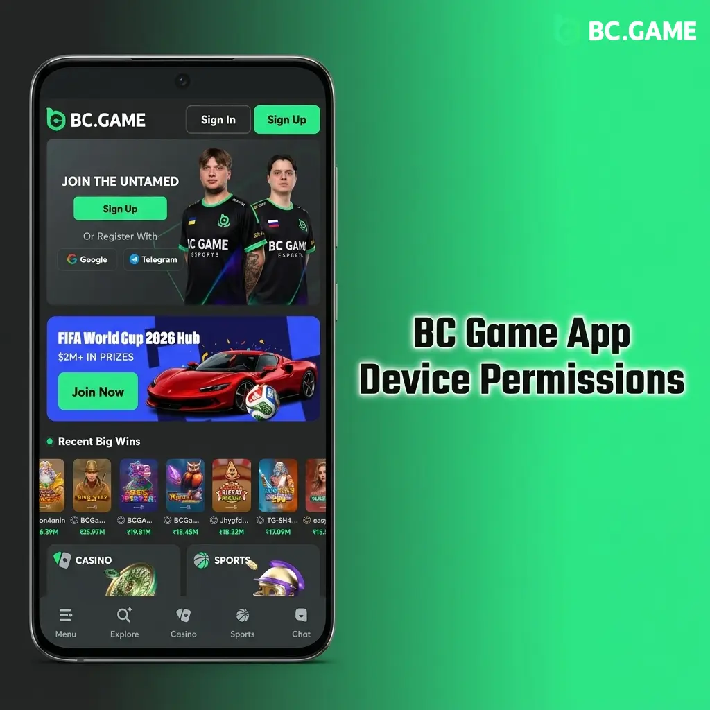 BC Game APK permissions including internet, storage, camera for KYC, and notifications on Android devices