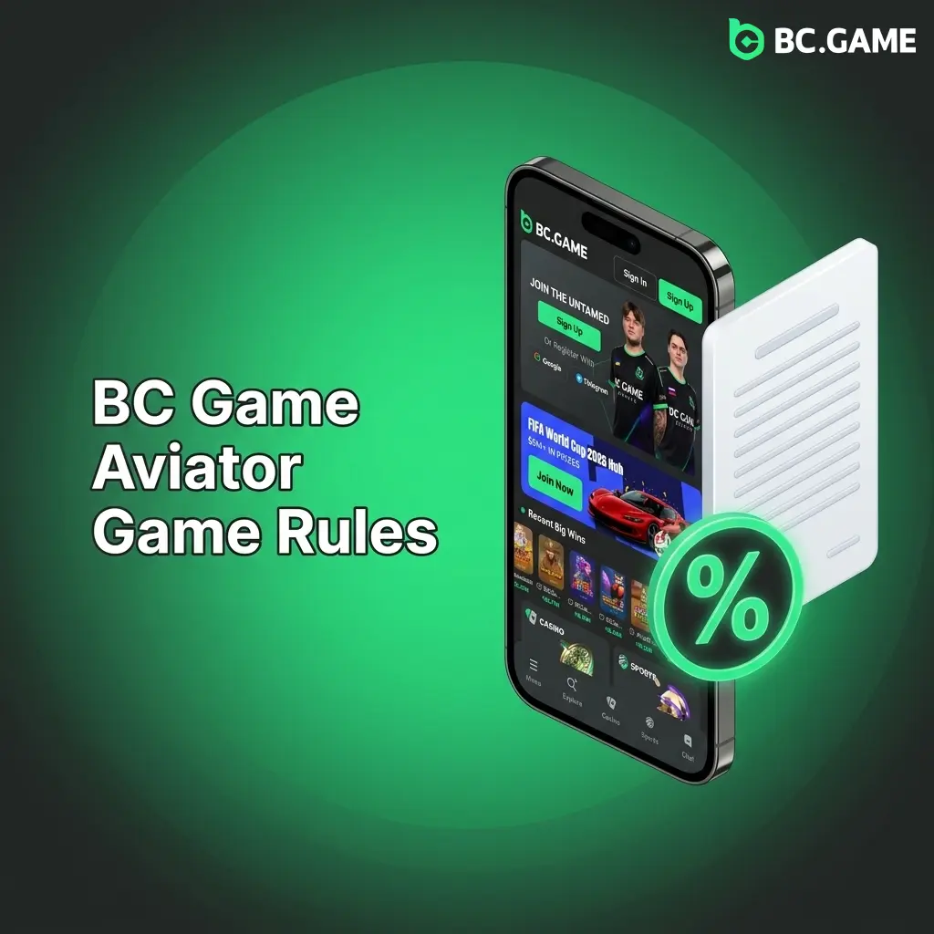 BC Game Aviator rules showing plane multiplier rising from 1.00x with cash-out mechanics and provably fair RNG system