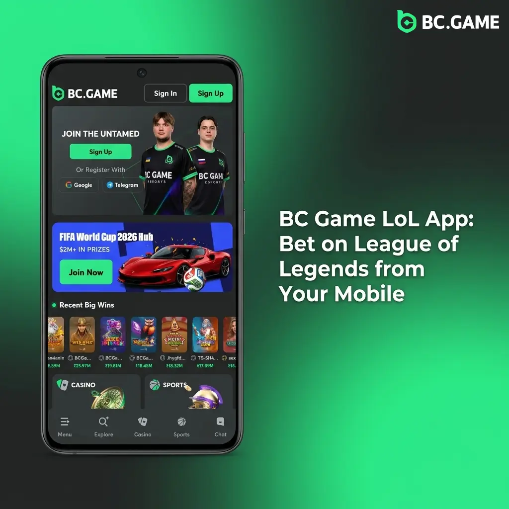 BC Game LoL mobile app interface showing live League of Legends betting odds and esports sportsbook on smartphone