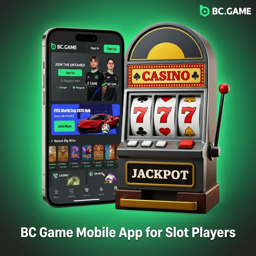 BC Game mobile app interface showing slot games lobby with 10000+ titles on Android and iOS devices