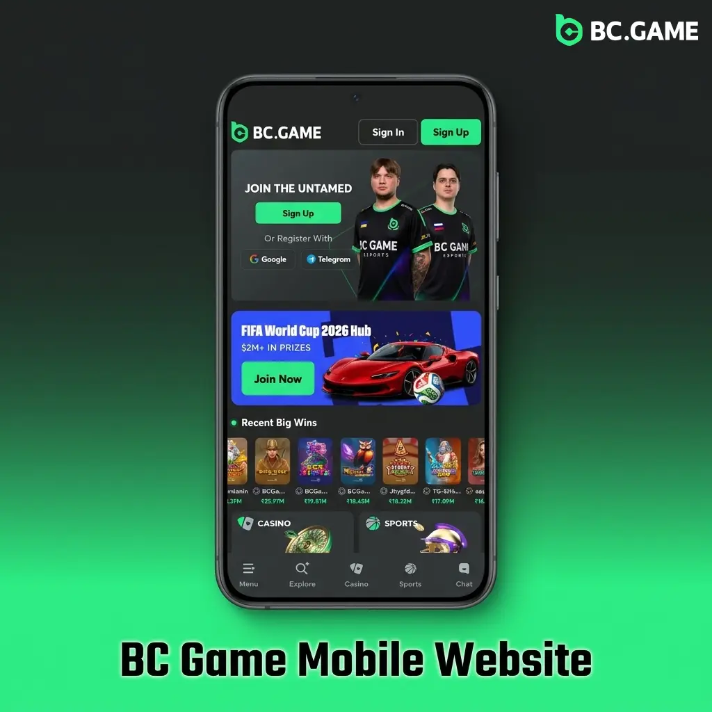 BC Game mobile website on smartphone browser showing live odds, casino games, and UPI payment options