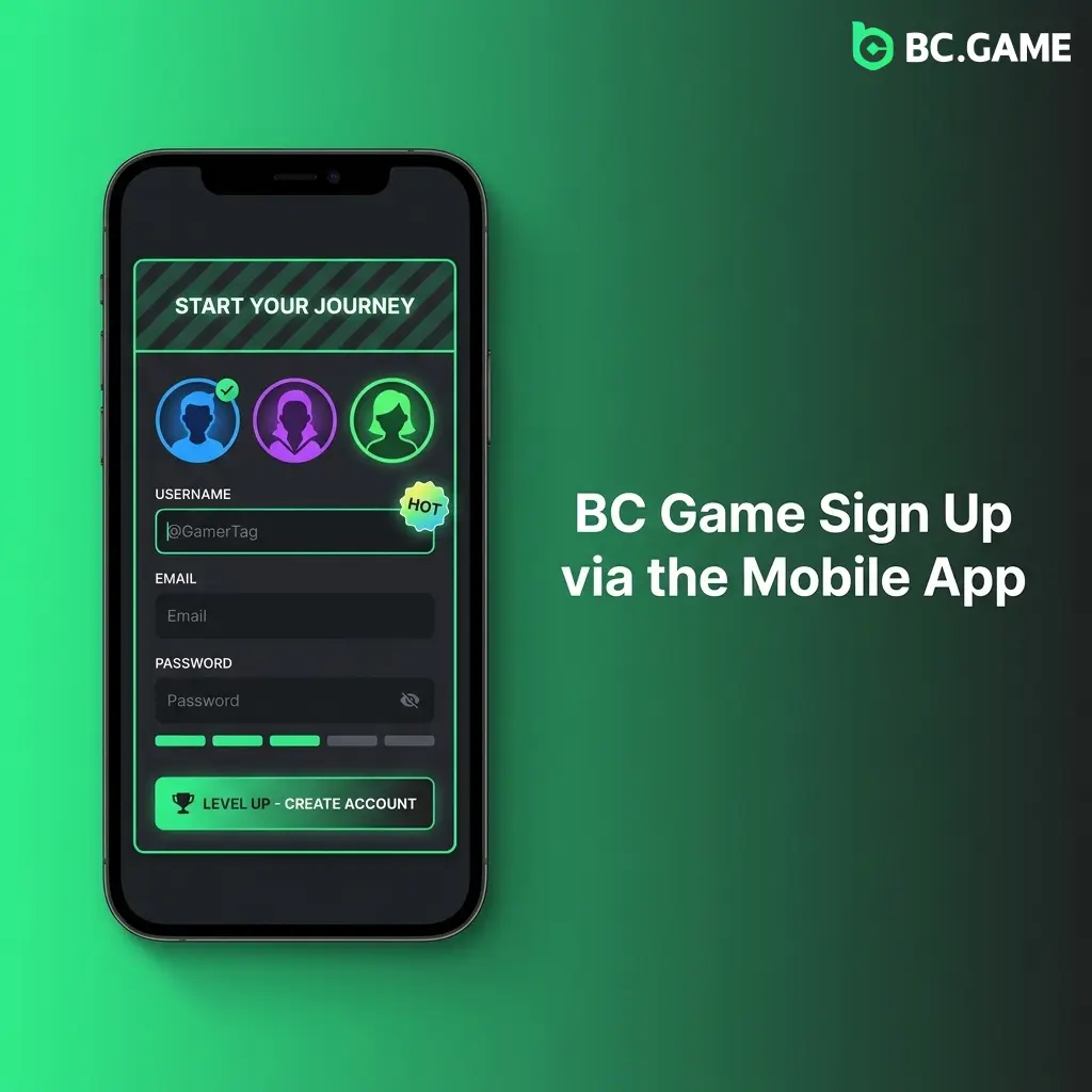 BC Game mobile app registration screen on Android and iOS with sign-up options including email, phone, and crypto wallet