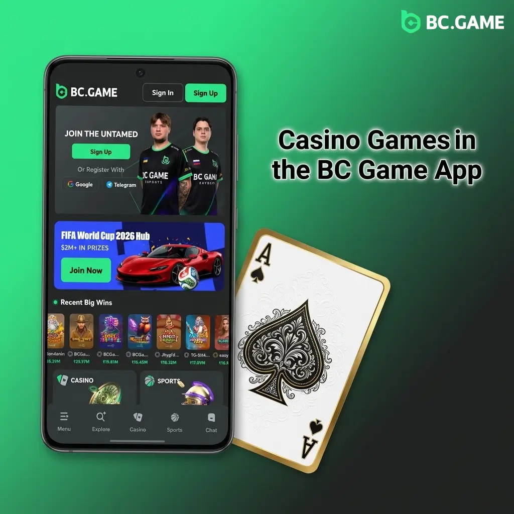 BC Game app displaying 9000+ casino games including slots, live tables, and BC Originals like Crash and Dice