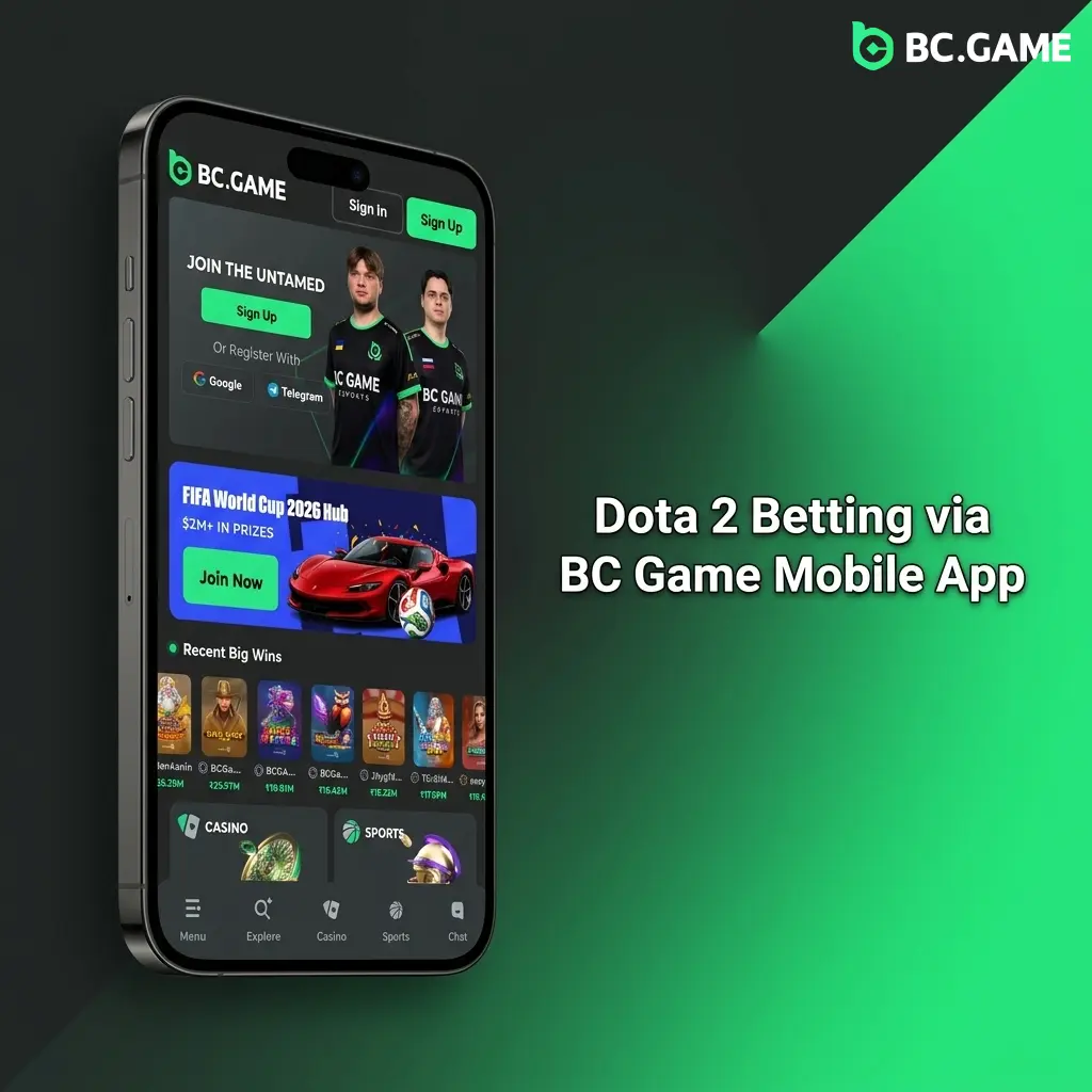 BC Game mobile app interface showing Dota 2 esports betting markets on Android and iOS devices