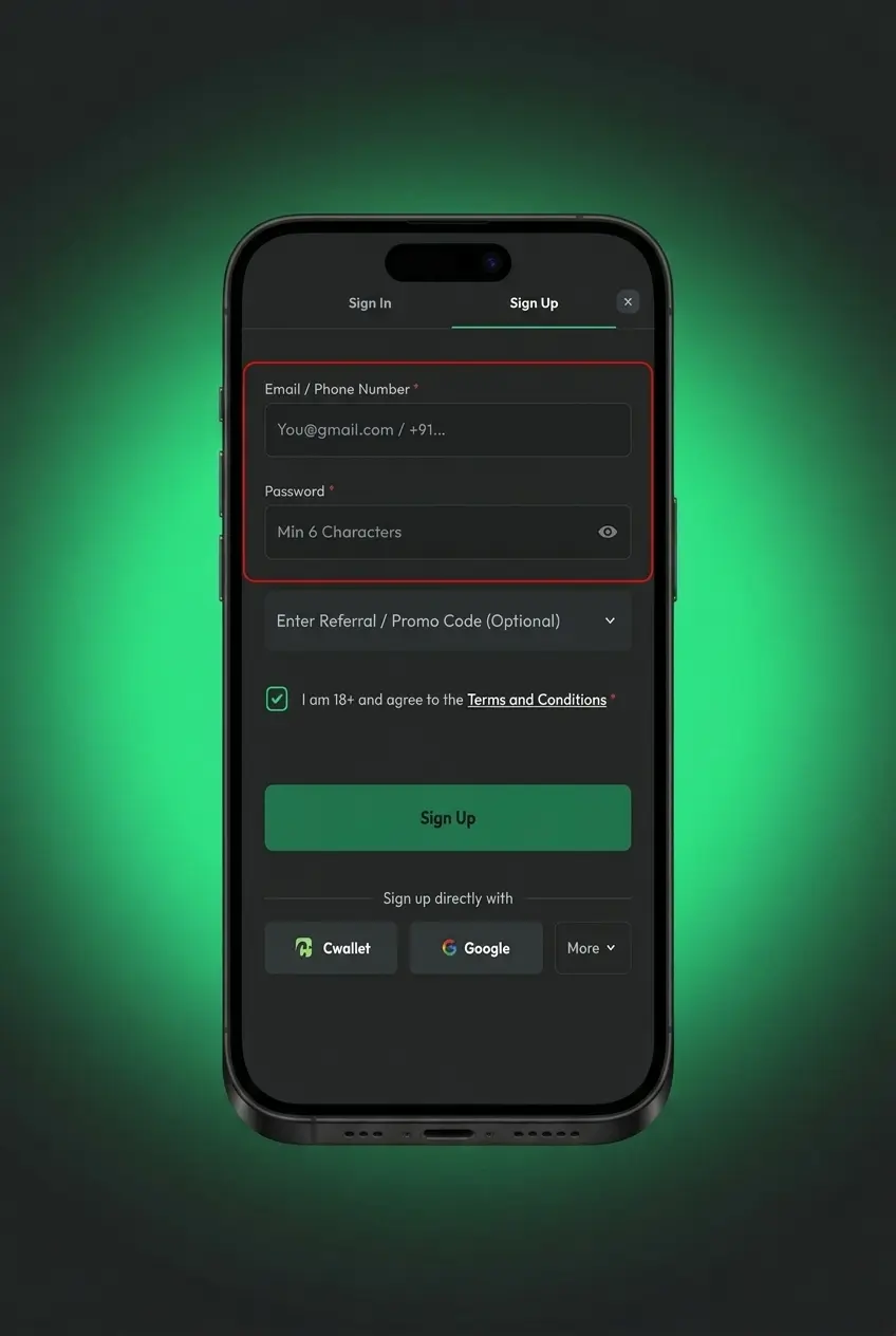 BC Game sign up process for Indian players showing 5 registration steps including email, phone, and crypto options
