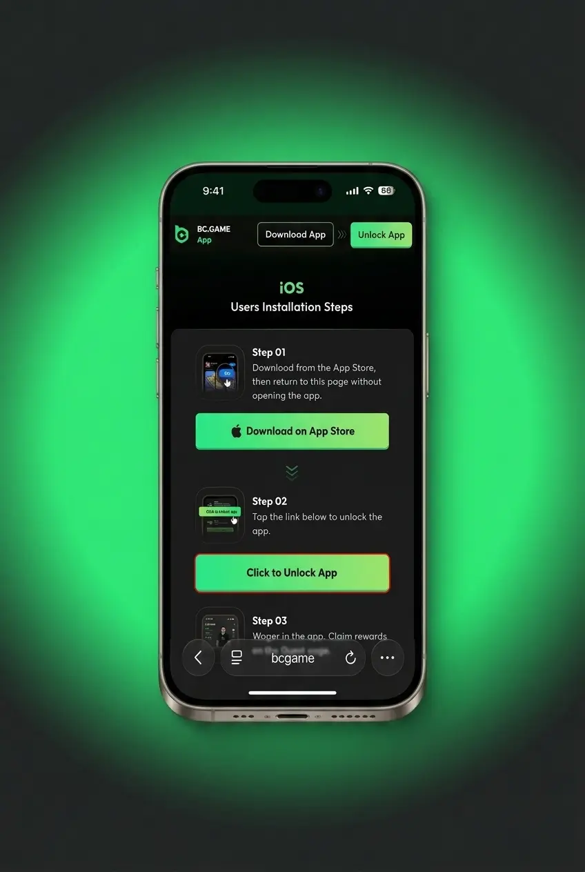 BC Game PWA iOS installation 5-step guide showing Safari setup and Add to Home Screen process on iPhone