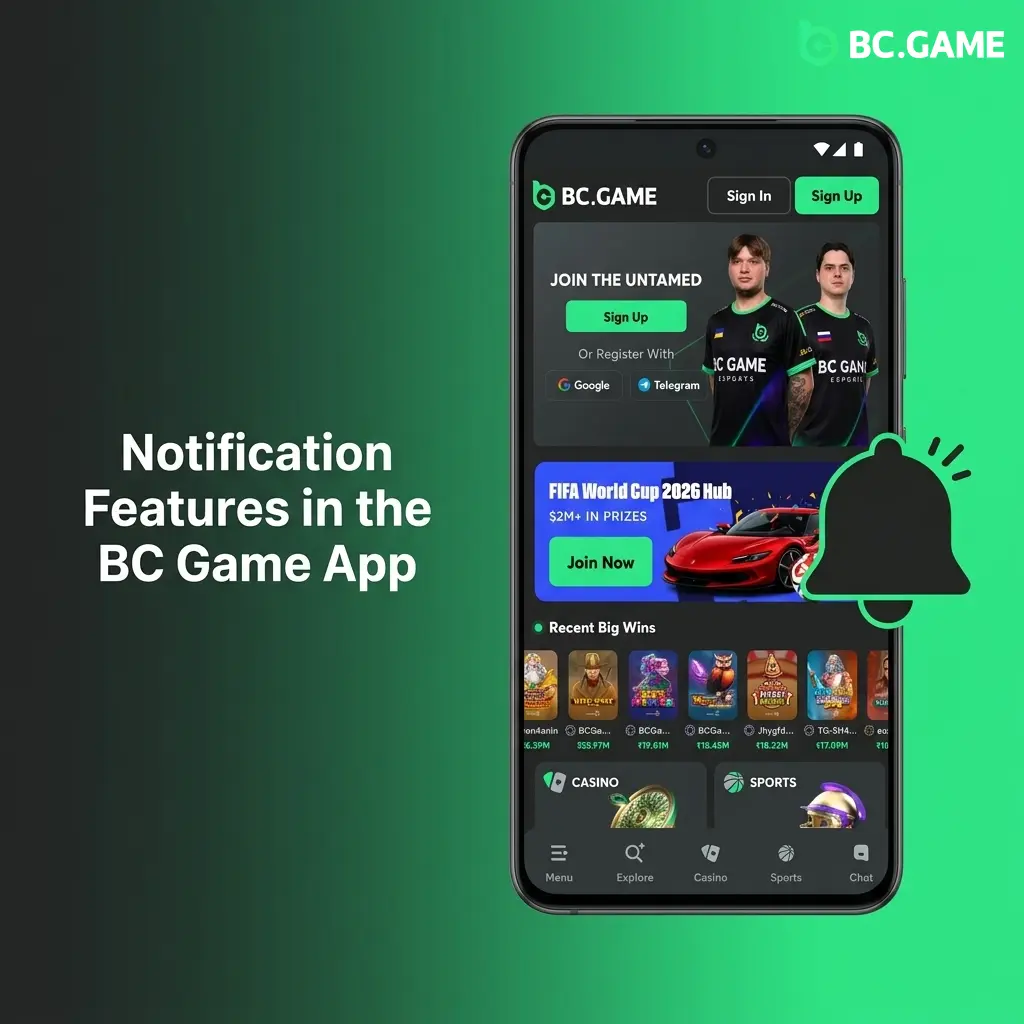 BC Game app push notifications showing bet updates, deposit alerts, and promotional reminders on Android and iOS devices