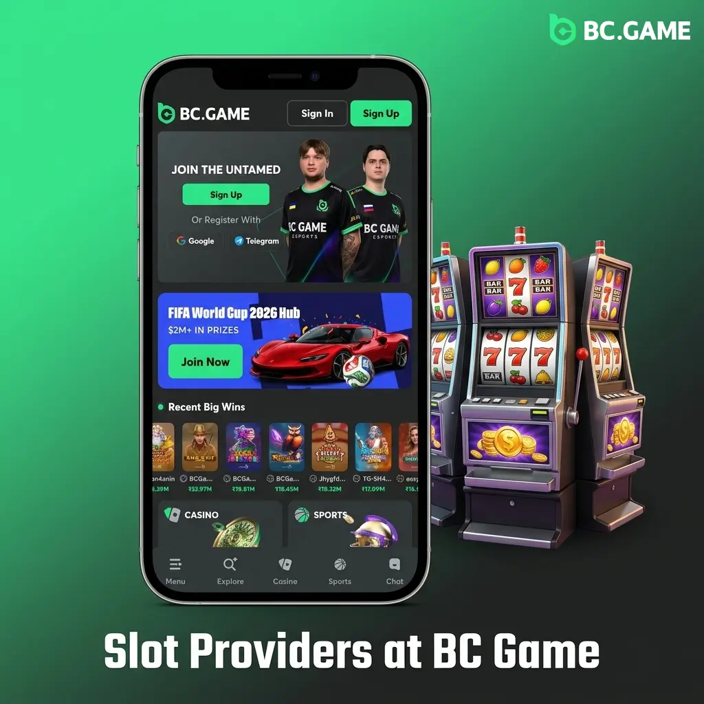 BC Game slot providers logos including Pragmatic Play, NetEnt, BGaming, and Play'n GO for India players