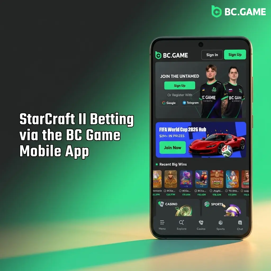 StarCraft II betting on BC Game mobile app showing esports markets, odds, and INR stake options for Android and iOS users